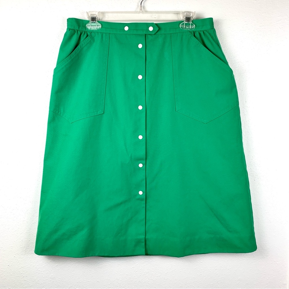 VTG Koret Green A-Line ‘No-Iron’ White Button Skirt w/ Pockets, Size 16